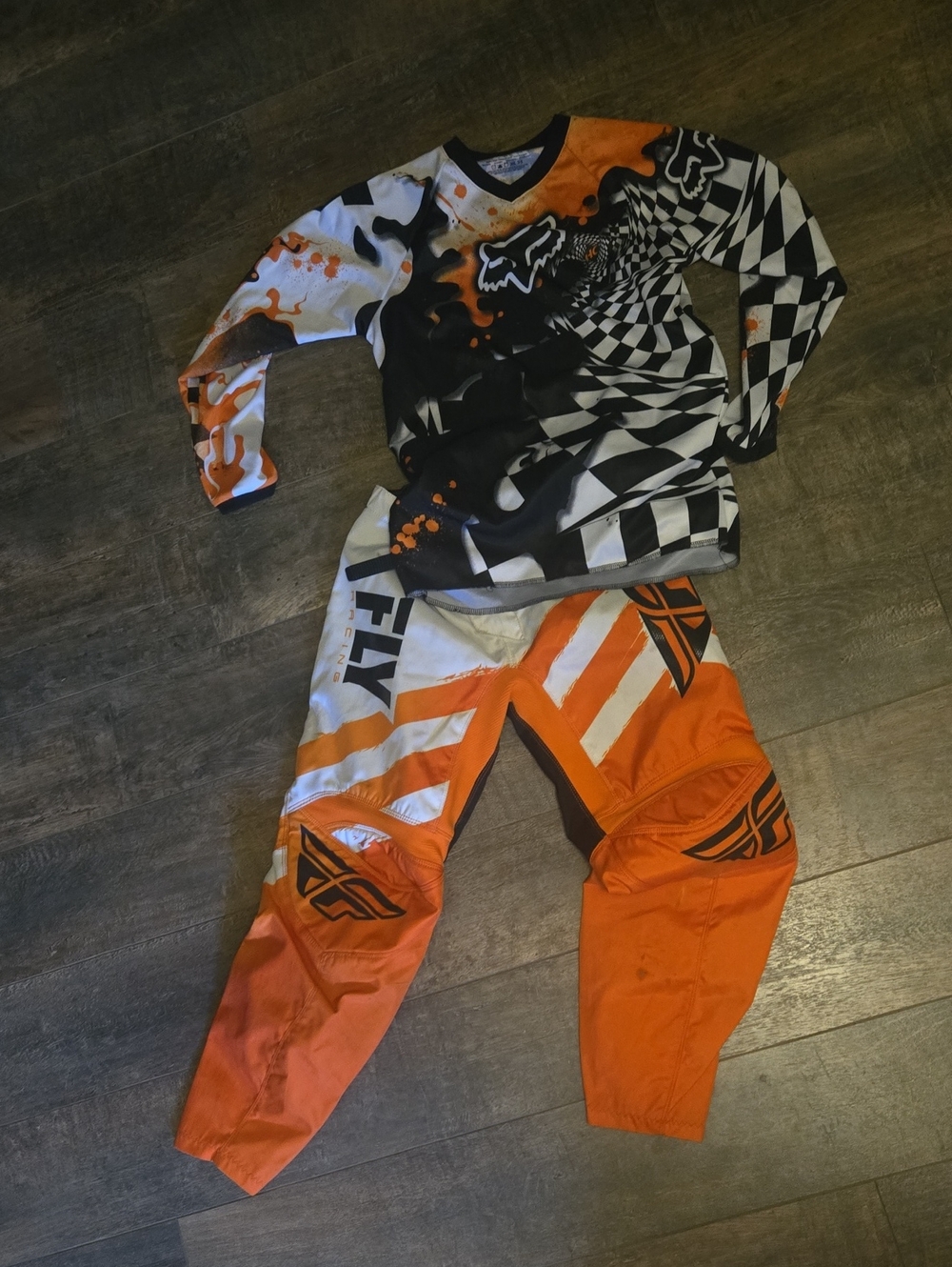 Kids Orange & Black Motorcycle Gear. Saftey Pant And FOX Shirt.